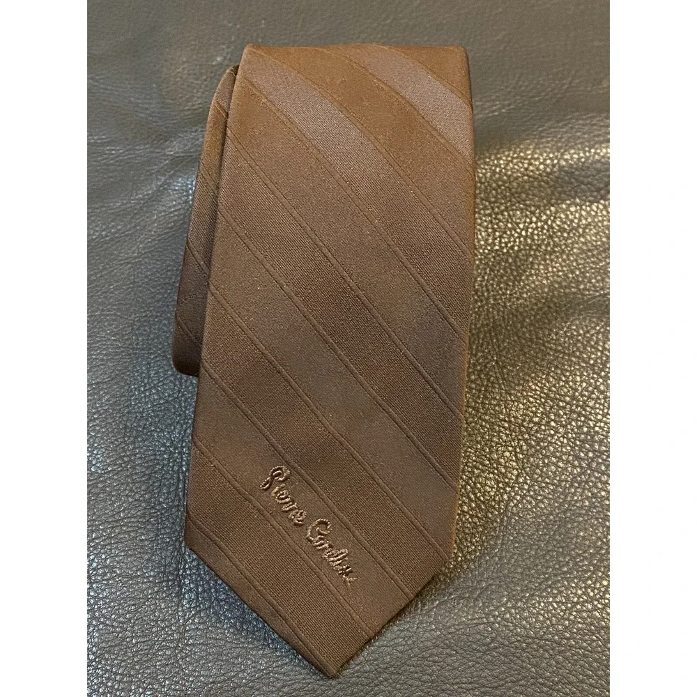 Pierre Cardin Vintage Men's Tie Brown Diagonal Stripes Polyester Logo Slim Style